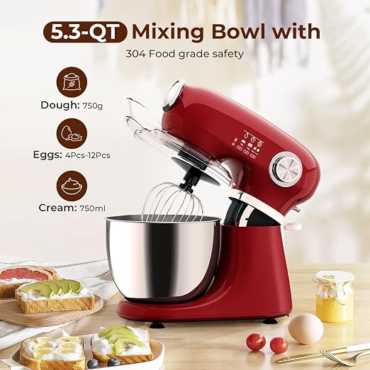 Electactic 5.3 Quart Electric Stand Mixer With 12 Speed, Low Noise | Electric Mixer With Tilt Head, Kitchen Mixer for Daily Use with Egg Whisk, Dough Hook, Flat Beater, Anti-slip Suction Cup