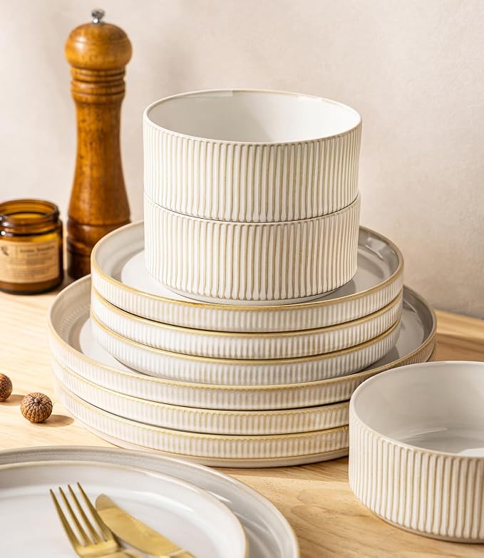GBHOME Stoneware Dinnerware Sets for 4, 12 Pieces Plates and Bowls Set | Lightweight Ceramic Ribbed Dishes,Reactive Glaze Stackable Plate Set,Scratch Resistant,Microwave Dishwasher Safe,VanillaLatte