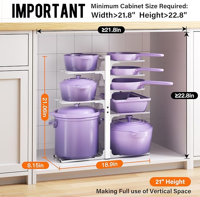 MUDEELA 8-Tier Heavy Duty Pots and Pans Organizer for Cabinet, 20.8"H White | Adjustable heavy-duty pot rack, Holds big stockpots and cookware, Fits under cabinet or on countertops, Easy Assembly