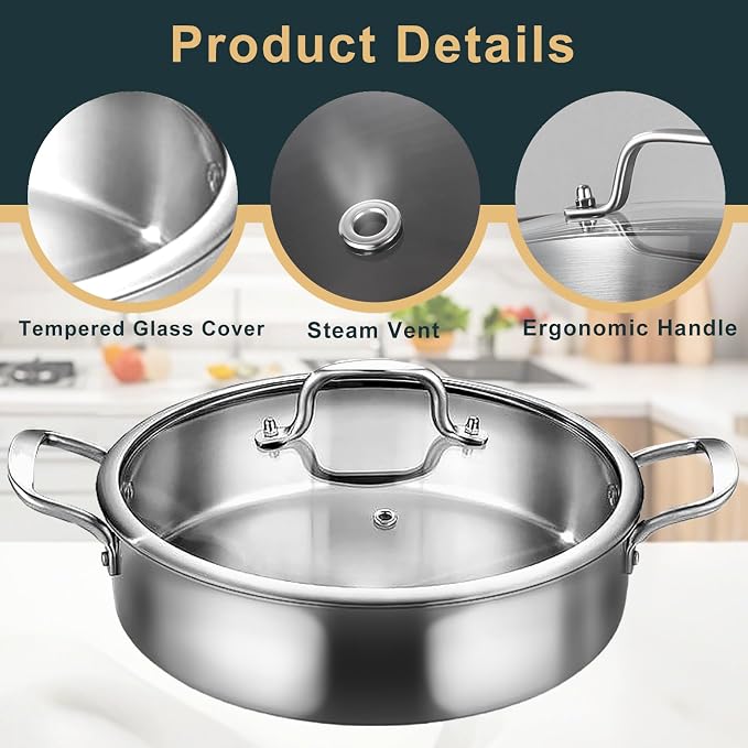 Yeksum Large 3 Quart Tri-Ply Stainless Steel Skillet – Saute, Fry & Simmer in One Pan – Easy-Clean, Oven & Dishwasher Safe for Family Meals
