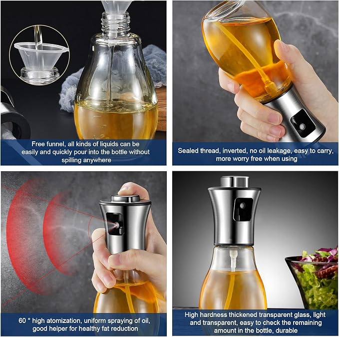 Glass Olive Oil Sprayer for Air Fryer & Grill – 1g Precise Oil Control | 200ml Refillable Fine Mist with Square Button – Leakproof with Funnel – Non-Stick Healthy Essential for Salad, BBQ, Roasting