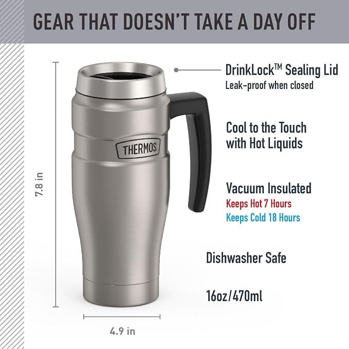 THERMOS Stainless King Travel Mug with Handle, 16oz, Matte Steel | Vacuum-Insulated Travel Mug with Handle for Hot & Cold Drinks, Stainless Steel Coffee Mug with Lid for Commuting