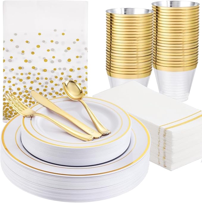 GATHER 176PCS White and Gold Plastic Plates for Wedding and Party | Gold Disposable Plates include 50 Plates, 75 Silverware, 25 Napkins, 25 Cups, 1 Tablecloth for Bridal Shower