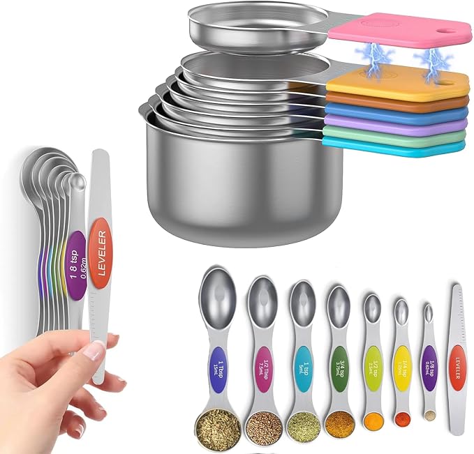 Magnetic Measuring Cups and Spoons Set, N52 Magnetic Nesting Design magnetic spoons, 304 Stainless Steel measuring cups, Dual-sided Design Set of 15 with Leveler for Dry & Liquid Ingredients