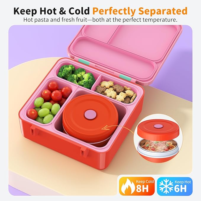 Bento Box for Kids, Lunch Box with Sticker for School | DIY Sticker Fun, Quick Lunch Packing, 4-Compartment Design, Insulated Food Jar, BPA-Free, Leak-Proof