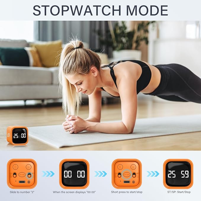 Rotating Pomodoro Timer 5/25/10/50, Desk Productivity Timer for ADHD,Orange | Countdown/Stopwatch Cube Timer, Vibration/High/Low Volume/Custom Modes, for Work Study, Back to School, Kitchen