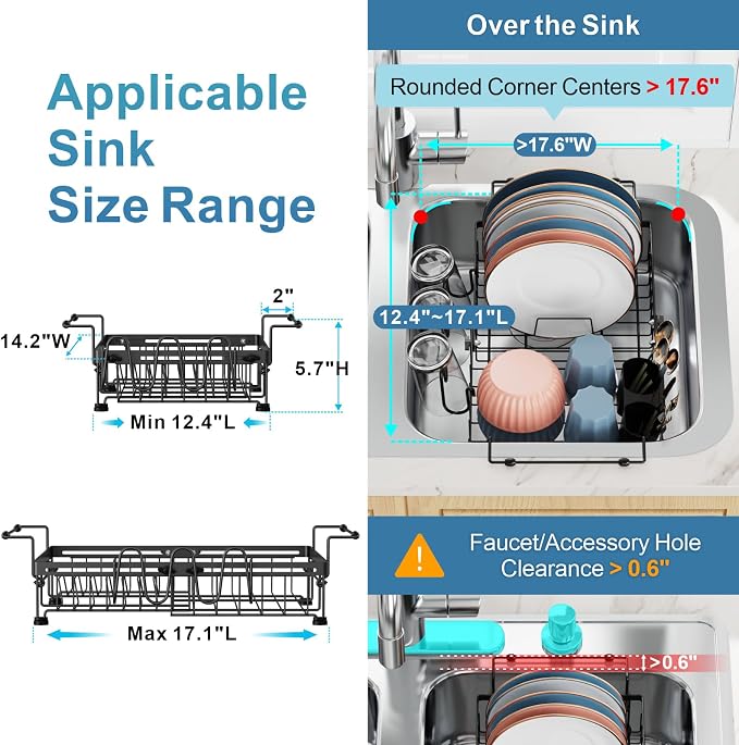 Dish Drying Rack Over the Sink - Expandable Drainer with Cup Holder | Twist-Lock Adjustment, Removable Utensil Holder, Handles with Non-Slip Beads, Rust-Resistant, Space-Saving for Kitchen