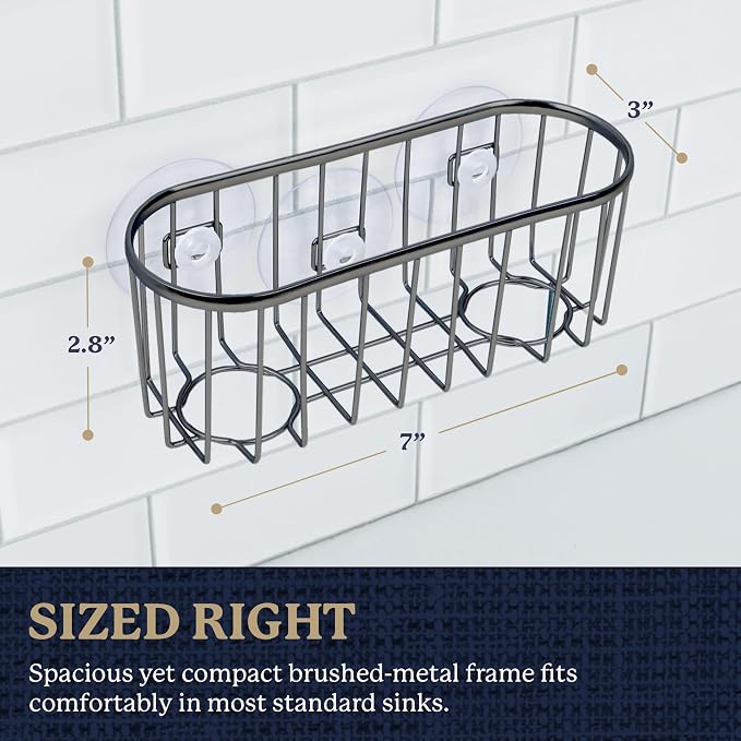 Farberware Metal Sponge Holder for Kitchen Sink, 7.13"x2.88"x3" | Triple suction cups grip steel, glass, or tile, open frame helps dry sponges faster, holds soap and brushes too