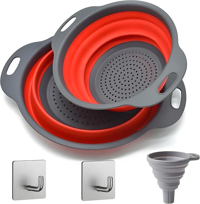 UVB Collapsible Colander Set, Space-Saving Foldable Kitchen Strainer for Pasta, Vegetables & Fruit, Colander for Kitchen with 2 Stainless Steel Hooks & 1 Silicone Funnel – Red