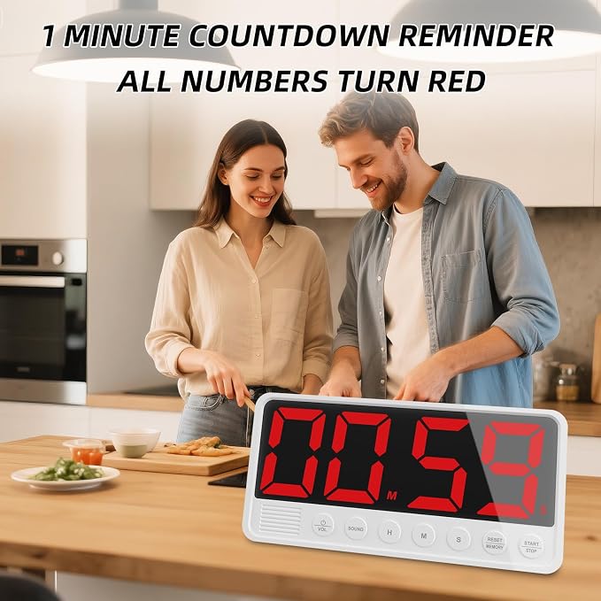Extra-Large Display Digital Kitchen Timer with 7.4” LED Screen, 6 Alarms & 4 Volume Levels, 3 Memory Presets, Magnetic Stand Rechargeable Count Down/Up Timer for Cooking Home Gym, White