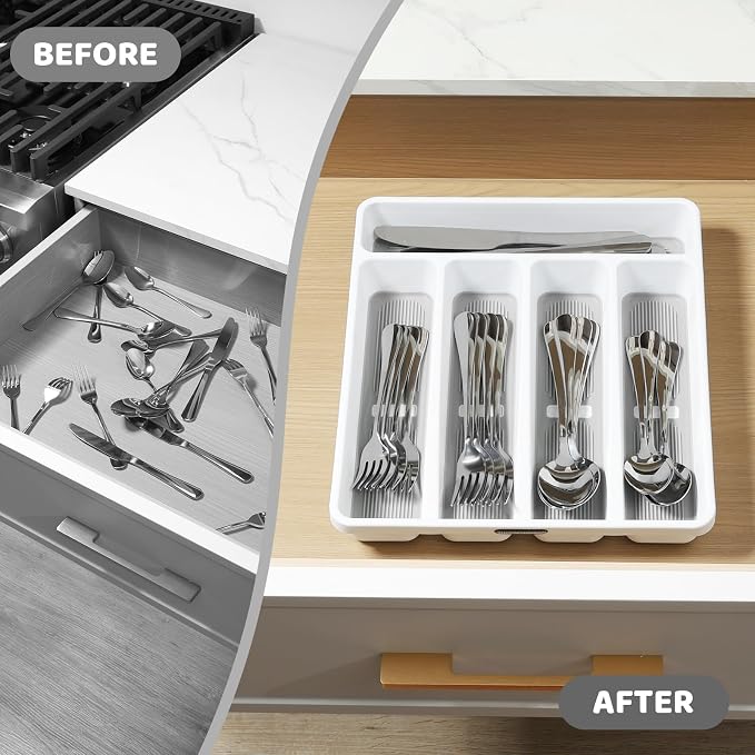 5-Compartment Silverware Organizer Tray with Icons for Kitchen Drawer | Non-slip TPR Linings，5-Compartment，High-quality Plastic，Fits Well In Standard Drawers，With Cutlery Icons