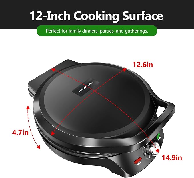 KEINVE 1500W Electric Griddle, 2-in-1 Indoor Griddle and Pizza Maker with 30-Min Timer and Auto Shut-Off, 12" 180° Open for BBQ, Steak, Burgers, Salmon, Veggies, and More