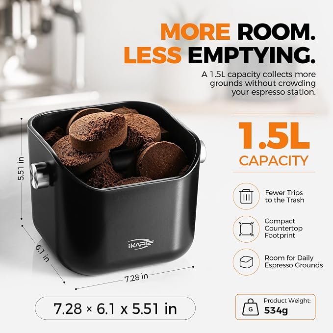 IKAPE Espresso Knock Box for Coffee Grounds, 1.5L Large Capacity Coffee Knock Box with Quiet Knock Bar, Detachable & Dishwasher Safe, Non-Slip Base for Home Espresso Bar