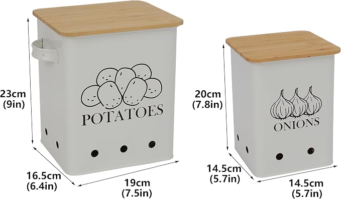 Kitchen Vegetable Storage Tins Set of 2, Onion and Potato Storage Bins with Wooden Lid and Aerating Holes, Garlic Bin Caddy, Vintage Kitchen Decor, White