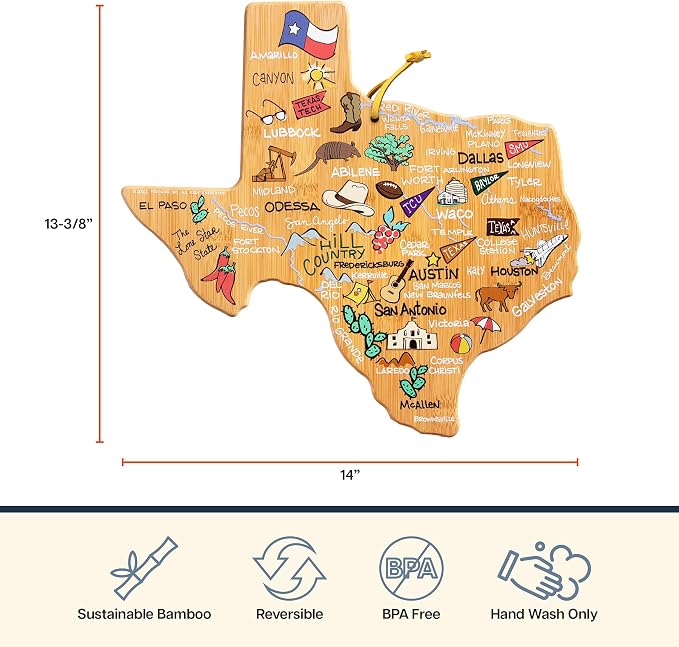Totally Bamboo Texas State Shaped Cutting Board, Art by Fish Kiss | State charcuterie board with colorful hand-drawn map artwork. Smooth reverse side for food prep. Hang tie for wall display.