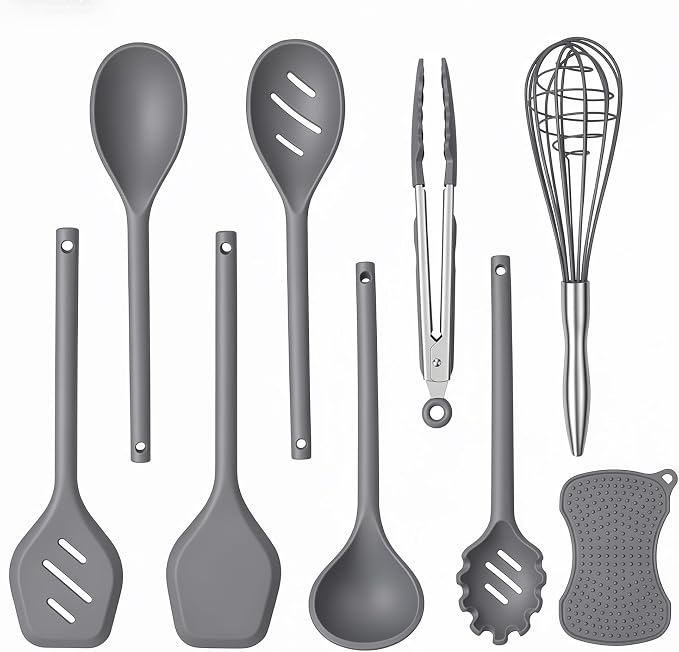 Kitchen Utensils Set,9 PCS Silicone Cooking Utensils Set Spatula Set,Tongs,Spoon,Whisk,Brush,Dishwasher Safe Kitchen Gadgets for Non-Stick Cookware,Home Essential，Kitchen Appliances Tool(Gray)