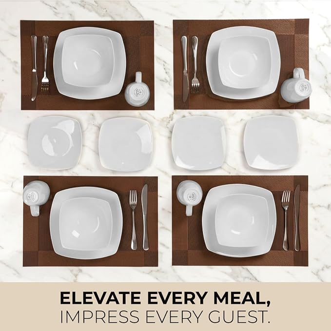 Zulay Kitchen Luna Plates and Bowls Sets, 16 Piece Modern Porcelain Dish Set for 4, Chip and Scratch Resistant Square Dinnerware Set, Microwave and Dishwasher Safe, Pearl White