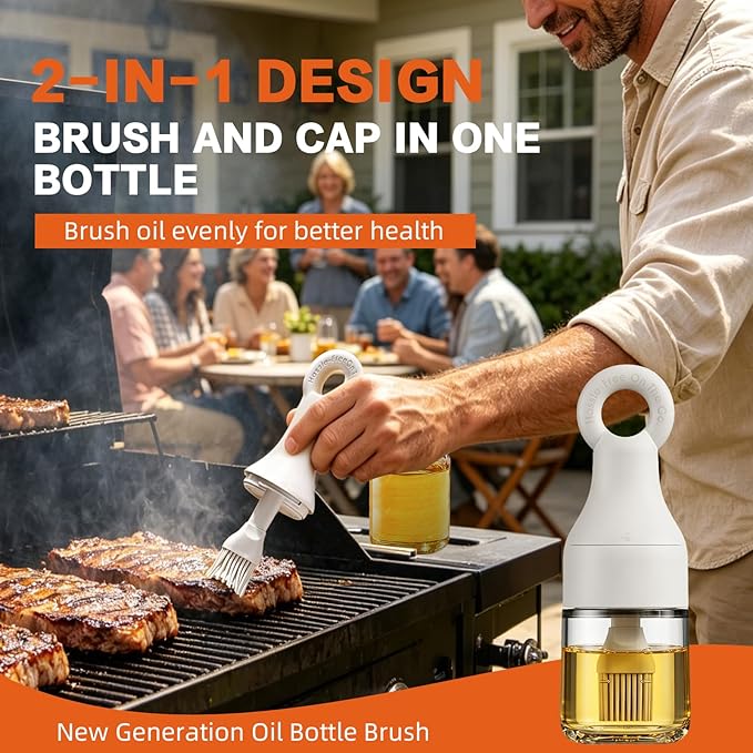 MMJ 2-in-1 Oil Dispenser with Brush, 150ml Glass Olive Oil Bottle with Silicone Basting Brush, Leak-Resistant Sauce Brush Bottle for BBQ, Baking, Grilling, Camping, White