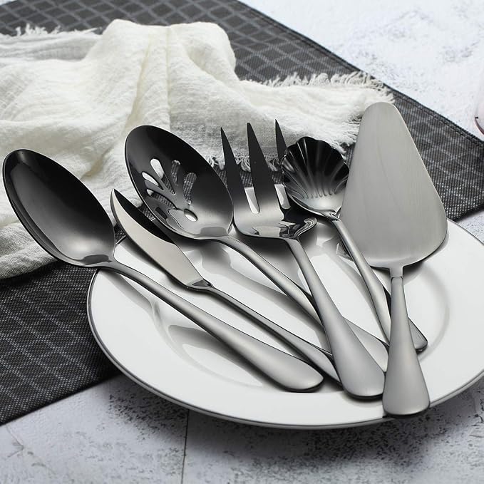 Berglander Stainless Steel Black Titanium Plated Flatware Serving Set 6 Pieces, 5 Serving Pieces of 45 Pieces Flatware With 1 Cake Server, Serving Silverware Set (Shiny Black)