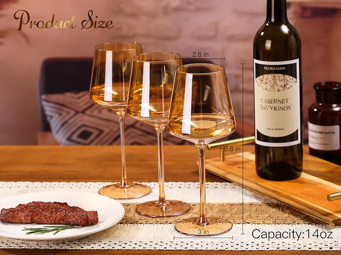 Physkoa Amber Colored Wine Glasses Set 6-16oz Stemmed Modern Amber Wine Glasses With Tall Long Stem and Flat Bottom,Light Brown Glassware for Home Decor