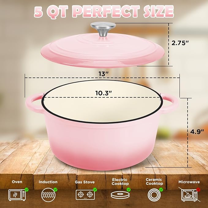 Enameled Cast Iron Dutch Oven Pot with Lid, 5QT Dutch Oven for Bread Baking | Round Bread Oven, Sourdough Bread Baking Supplies, Banneton Bread Proofing Basket, Starter Jar, Lame, Oven Safe up to 500°F