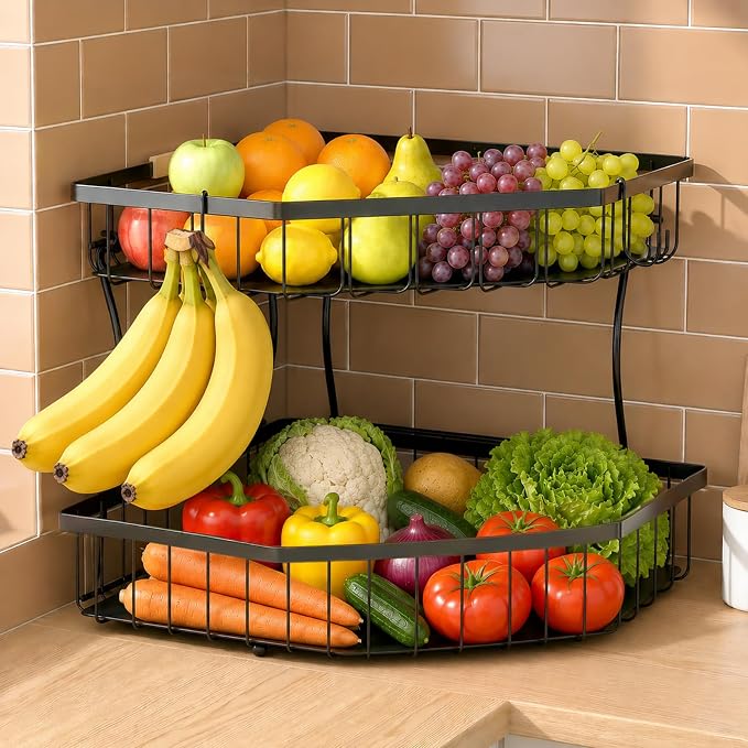 2 Tier Fruit Basket for Kitchen Counter with 2 Banana Hangers for Corner | Detachable Metal Fruit Bowl with Wooden Handle, Large Capacity Fruit Stand for Bread Fruit and Vegetable Storage, Black