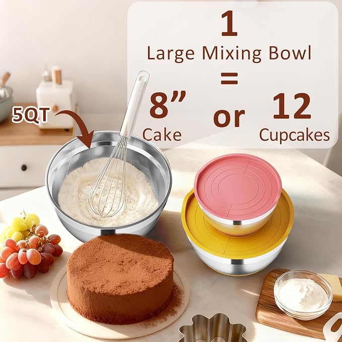 9 Pack Mixing Bowls with Airtight Lids & Grater Attachments, Multi | Stainless Steel Bowl, Non-slip Bases, Nesting Kitchen Bowl, Size 5, 4, 3, 2, 1.5,1QT,for Food Prep, Baking, Storage & Serving