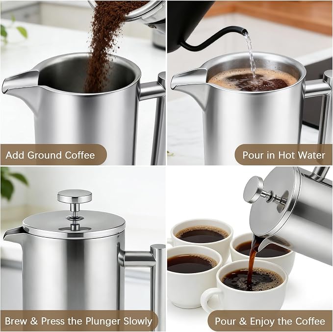 French Press Coffee Maker, 304 Grade Stainless Steel French Press with 2 Extra Filters for Home, Office, Travel, Camping - 34OZ/1 Litre (Sliver)