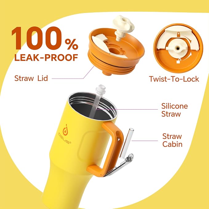 Ideus 32 oz Tumbler with Handle and Straw, Yellow | 100% Leak Proof, Double Wall Vacuum Insulated, Stainless Steel Travel Mug, Cup Holder Friendly