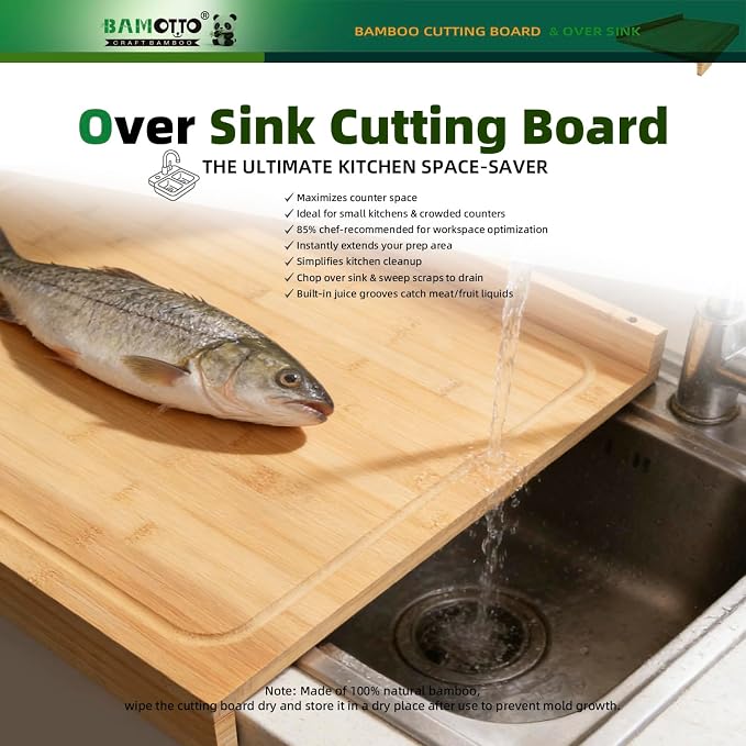 BAMOTTO CRAFTBAMBOO Extra Large Bamboo Cutting Board Noodle Board 24"x18" | Detachable Front Lip & Backsplash | Double-Sided Juice Grooves | Sink Cover | Stove Cover | Carving Board | Natural Bamboo