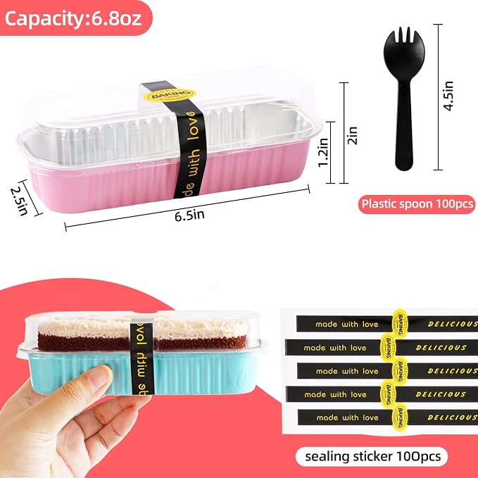 120 Pcs Mixed Color Mini Loaf Pans with Lids and Spoons, 6.8oz Aluminum Foil Baking Pans Versatile for Mini Cake Tins/Loaf Cakes Sturdy Mini Pans with Lids for Baking (120, mixed)