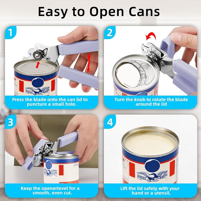 Tin Joy Family™ Manual Can Opener – Sharp Blade with No Sharp Edges, Easy Grip Handle for Arthritis Hands, Smooth Lid Safety Cutter for Elderly & Weak Hands (Grape purple)