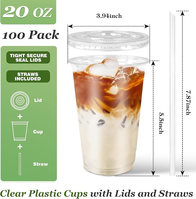 Charmount 100 Sets- 20 oz Clear Plastic Cups with Lids and Straws | Disposable To Go Cups for Cold Drinks, Coffee Bar Accessories, Iced Coffee, Smoothies