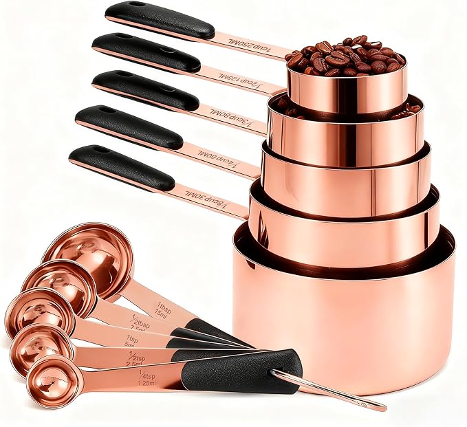 Bopei Measuring Cups and Spoons Set, Rose Gold Plated Stainless Steel 10 Piece for Cooking and Baking (5 Cups + 5 Spoons RoseGold)