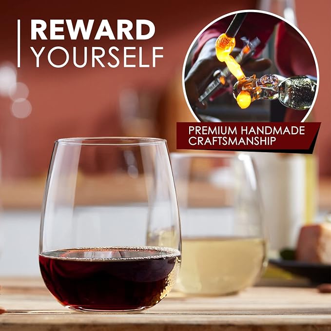 Chouggo Stemless Wine Glasses Set of 6, Hand Blown Premium Crystal Red Wine or White Wine Glass 18Oz - Hand Crafted by Artisans - Gifts for Women, Men, Wedding, Anniversary, Christmas, Birthday