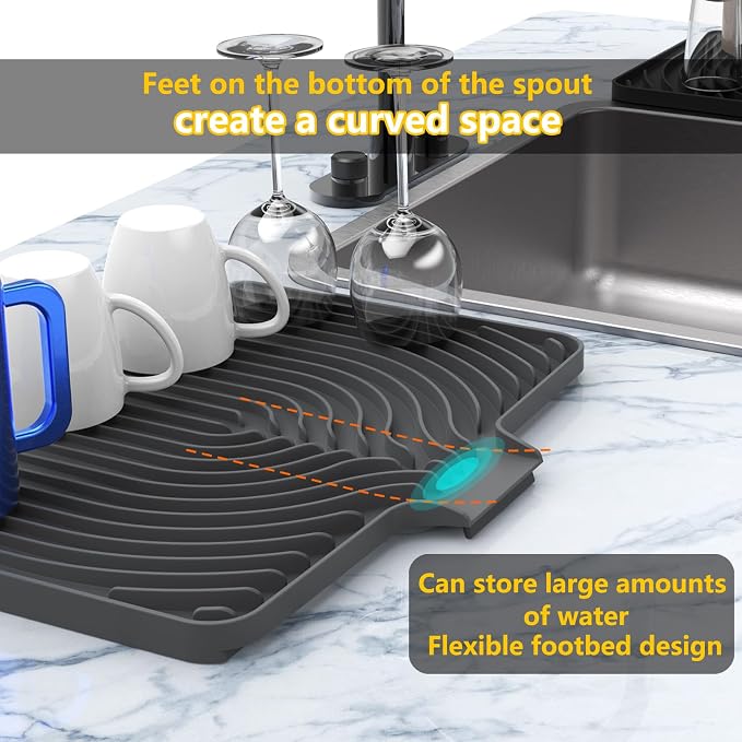 Silicone Dish Drying Mat for Kitchen Counter , Dish Drying Rack Matt with Built in Drain, 18 Inch dish Dry Mats for Kitchen Counter,Bumps up sink Applicable(18×12inch Extra Raised, gray)