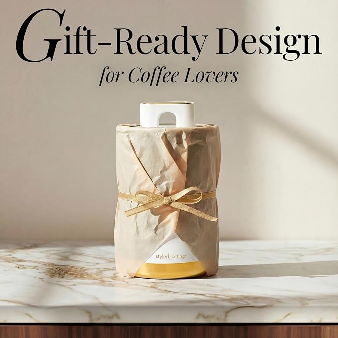 STYLED SETTINGS Vacuum Coffee Canister with Airtight Lid, White and Gold | Stainless Steel, BPA Free, Food Grade, White and Gold Design, Vacuum Effect, Air Tight