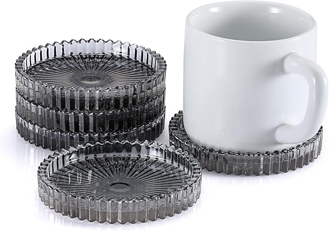 Modern Clear Coaster Set of 5- Glass Coasters for Drinks, Clear Black | Crystal Coasters Round Cup Mat Coffee Table Decor for Office, Kitchen, Bar, Dining Room, Living Room, Patio