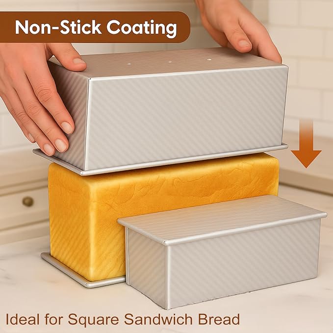 2-pack Pullman Loaf Pan with Lid (13x5 & 8.4x4.8 inch) - Nonstick Aluminum Steel Bread Pan Set, Vented Bottom for Even baking, PFOA & PTFE free, for Sandwich Bread, Sourdough, Toast & Shokupan