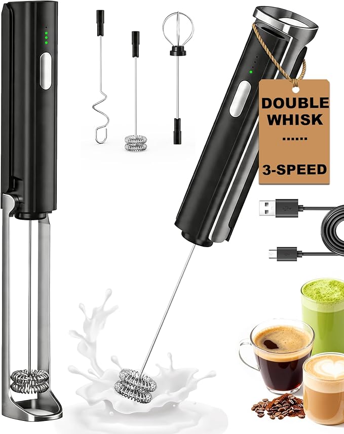 3-Speed Rechargeable Milk Frother Handheld with Stand & 3 Whisks, Dual Coil Whisk Coffee Frother Handheld, Electric Frother Wand for Lattes, Matcha, Hot Chocolate & Eggs, Black