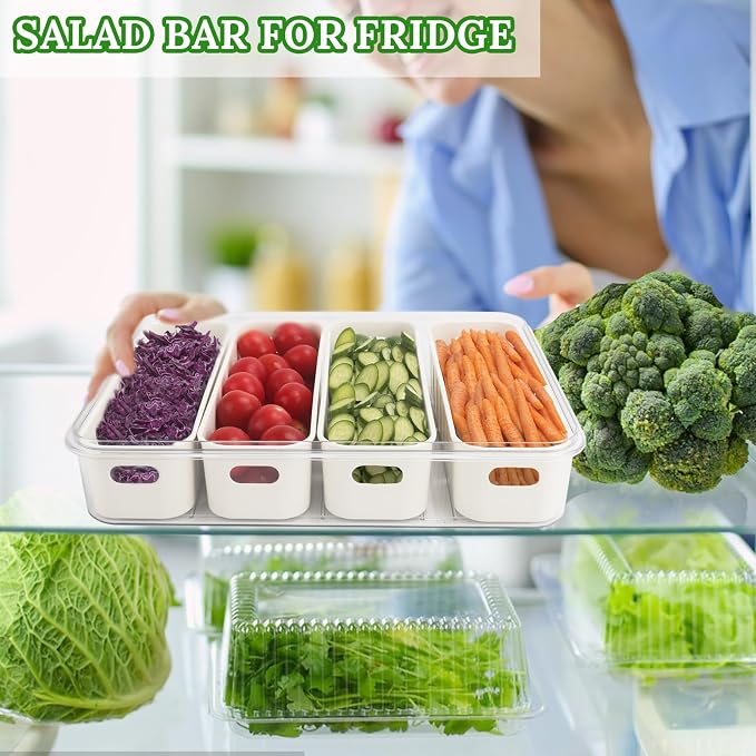 2 Pcs Salad Bar Containers for Fridge with Lid, Fruit Storage Veggie Tray | Salad Prep Container with 4 Removable Strainers, Berry Box Fresh Produce Saver Lettuce Keeper for Refrigerator Kitchen Picnic