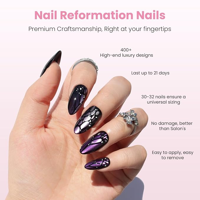 Nail Reformation Press On Nails, Purple Mariposa | Medium Almond Fake Nails | with Purple Cat Eye & Butterfly Wing in Glossy Finish, Reusable Stick On Nails in 15 Sizes - 30 Nail Kit for Women Gifts