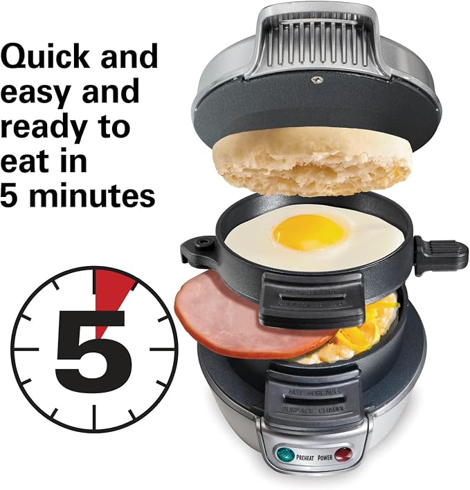 Hamilton Beach Breakfast Sandwich Maker with Egg Cooker Ring | Perfect for English Muffins, Croissants, Mini Waffles | Customizable & Fast | PFAS-Free | Silver | 25475MN