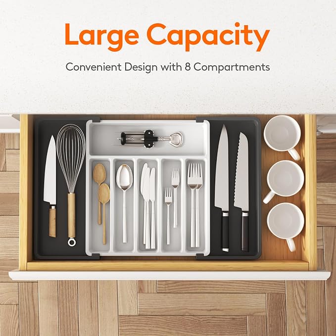 Lifewit Extra Large Silverware Drawer Organizer, Expandable Utensil Tray for Kitchen, BPA Free Flatware Cutlery Holder, Adjustable Plastic Storage for Spoons Forks Knives, 13-22 x 15, White&Black