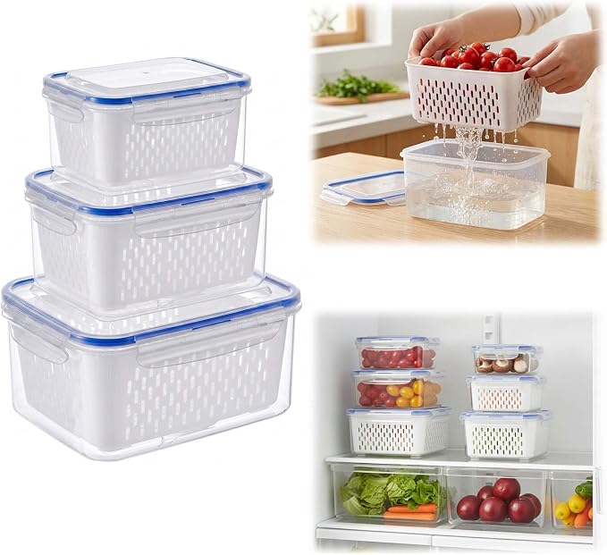 Fruit Storage Containers for Fridge with Removable Colander, Airtight Produce Storage Containers with Lids, Fridge Organizers and Storage for Berry, Fruit, Vegetables, Salad & Meal Prep (Blue, S+M+L)