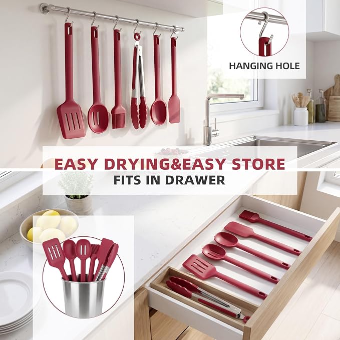 Kitchen Utensils Set 6 PCS,Silicone Cooking Utensils Set Spatula Set,446℉ Heat Resistant Cooking Utensils,Tongs,Spoon,BPA Free Kitchen Gadgets Appliances for Non-Stick Cookware,Home Essential(Red-6P)