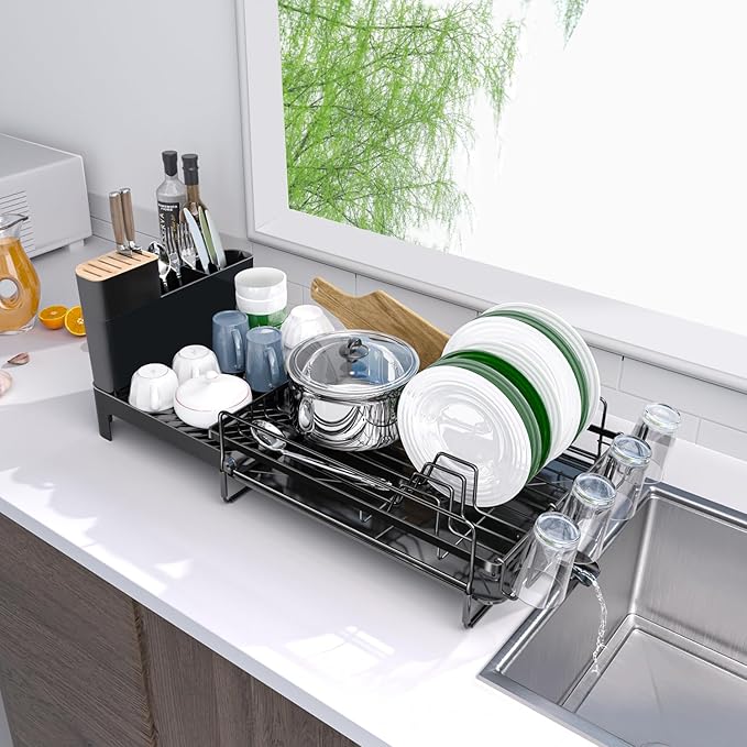 Runnatal Large Dish Drying Rack Stainless Steel Sink for Kitchen | Extendable Dish Rack Used in Sink & Kitchen Counter, with Drainboard Set & Utensil Holder & Cup Holder 20.5"-27.6"L x 12.6"W