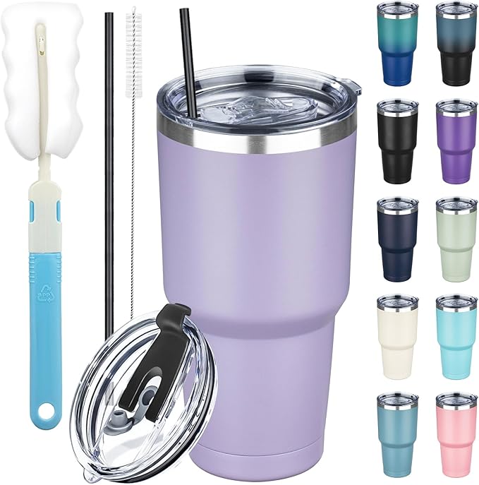 30 oz Tumbler with Lids and Straws, Stainless Steel Insulated Coffee Tumbler, Double Wall Vacuum Insulated Travel Mug Cup, Leakproof Thermal Coffee Cup for Hot and Cold Drinks (Light Purple)