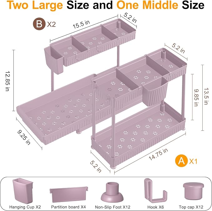 3-Pack 2-Tier L-Shaped Under Sink Organizers with Sliding Drawers | Multi-use kitchen & bathroom storage, 12.85 inch pink cabinet organizer, space-saving sliding drawer design.