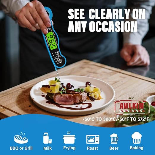 AWLKIM Meat Thermometer Digital, Instant Read Food Thermometer, Blue | Waterproof cooking thermometer with doneness chart, backlight, F/C switch for BBQ, candy, oil